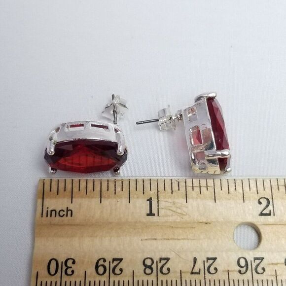 Vintage Red Oval Rhinestone Stud Earrings, Prong Set Silver Tone, Estate - Picture 5 of 7